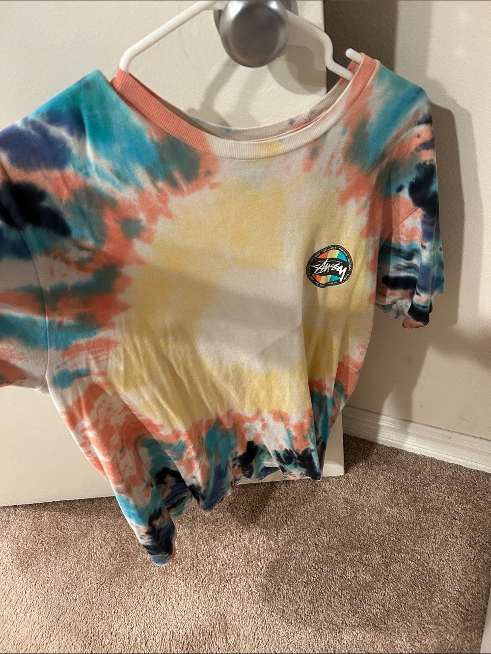 Stussy Tie-Dye Crew Neck Tee in Coral, Teal, Yellow, Black